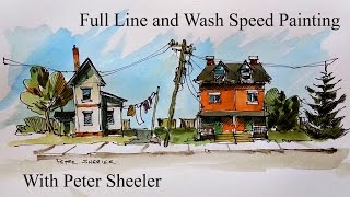 Start to finish Line and Wash painting of Houses and Trees 4x speed painting fun quick and easy [upl. by Esinej686]