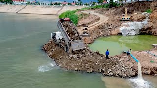 Amazing Skill What Happening  Dump Truck 10 Wheel Landfill Rock Into River amp KOMATSU BULLDOZER D31P [upl. by Enelcaj356]