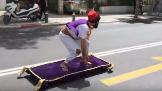 Man Rides Aladdin Magic Carpet Through Tel Aviv [upl. by Llirpa360]