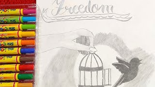 How to draw birds got freedom from the cage  Freedom  Pencil Sketch  Independence Day drawing [upl. by Adrial]