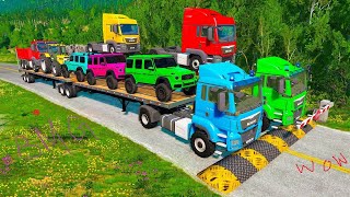 Double Flatbed Trailer Truck vs Speedbumps Train vs Cars Tractor vs Train BeamngDrive60 [upl. by Ydne]