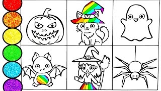 How to draw Halloween Party Pumpkin Ghost Spider Witch and others Glitter art for kids [upl. by Leunamme]