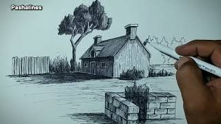 Scenery drawing hard and beautiful with pencil  Village drawing pencil sketch [upl. by Oek]