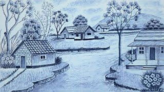 Beautiful Village Landscape Scenery Drawing for Beginners Easy Drawing stepbystep with pencil [upl. by Melly56]