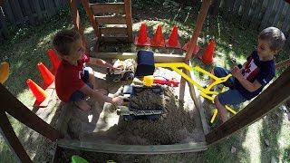 Kids playing in Sandbox with Tractors  16 minutes long GoPro [upl. by Enieledam]