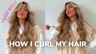 HOW I CURL MY HAIR W A CURLING WAND  Installing Glam Seamless ClipIn Extensionsbeachy waves [upl. by Enirahtac994]