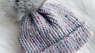 Easy winter beanie hat FOR ALL SIZES with beautiful Herringbone stitch pattern perfect for everyone [upl. by Nodab]