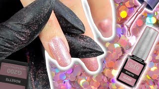 HOW TO APPLY GEL NAIL POLISH amp HOLO PINK LOOSE GLITTER  GEL POLISH GLITTER HACKS FOR ACRYLIC NAILS [upl. by Warp]