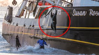 CAUGHT ON CAMERA Fishermen Jump 20Ft into Ocean off SINKING BOAT Manasquan Inlet New Jersey 111723 [upl. by Geehan193]