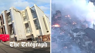 Japan earthquake Buildings toppled as fires rip through residential areas [upl. by Annayat599]