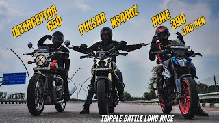 Interceptor 650 vs Bajaj pulsar ns400z vs Ktm duke 390 3rd gen Tripple Battle [upl. by Yseulta]