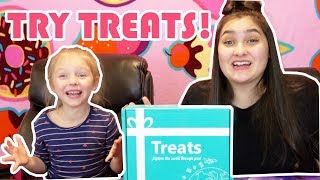 TRY TREATS UNBOXING KIDS trying FOREIGN FOOD The TOYTASTIC Sisters [upl. by Anilocin]