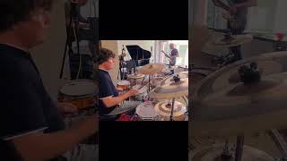 Trio grand piano bass drums playing an improvised theme in a fusion session live [upl. by Nohsram]