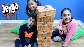 Playing giant Jenga challenge Family fun game for kids HZHtube Kids Fun [upl. by Ayotna]