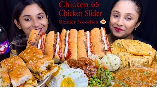 Eating😋Sizzler Noodles🍲Chicken Slider🥪Chilli Garlic Paratha with Chicken Keema Currychicken 65🌭 [upl. by Quent]