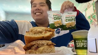 panera chicken bacon ranch chips and green papaya iced tea mukbang [upl. by Sacttler]