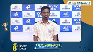 KVPY2022 8th Ranker Boya Haren Sathvik Thanking Narayana Institutions for his Achievement [upl. by Ulises662]