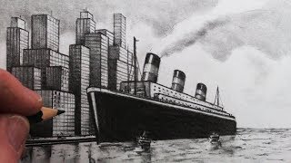 How to Draw using One Point Perspective A City and Ocean Liner [upl. by Aydni]