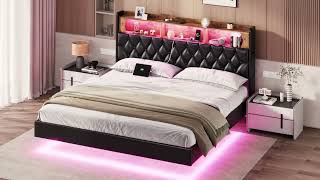 Sikaic LED Floating Bed Frame With Storage Headboard amp Charging Station Black [upl. by Aimar107]