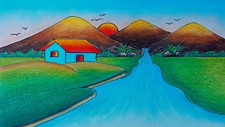 comely mountain sunset scenery drawing tutorial easy [upl. by Gowon]