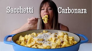 Four Cheese Sacchetti Carbonara MUKBANG  Recipe [upl. by Aneleh]