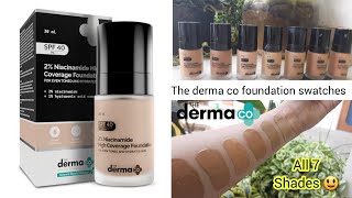 New launch the derma co 2  niacinamide high coverage foundation All 7 shades swatches [upl. by Kunz]