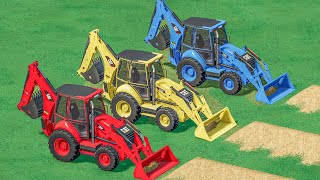 LOADER OF COLORS  LOAD WORK with CAT BACKHOE LOADERS with TRUCKS  FS22 [upl. by Hanyaz]