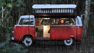 SOLO Camping in Rain  Iconic 1975 VW Van Life Cosy Relax and Sleep ASMR [upl. by Oilla113]