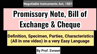 Promissory Note Bill of Exchange amp Cheque Negotiable Instruments Act 1881 CA Inter CA Executive [upl. by Ellynn819]