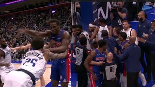 LUKA GETS IN MIDDLE OF PISTONS FIGHT PJ WASHINGTON SHOVES JALEN DURAN [upl. by Nnylahs]