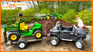 Landscaping mulch and trees with tractor truck digger and water trailer Educational  Kid Crew [upl. by Ardnwahsal]