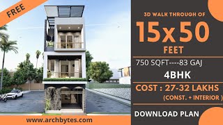 15x50 House Design 3D  750 Sqft  83 Gaj  4 BHK  Modern Design  Terrace Garden  4x15 Meters [upl. by Grace898]