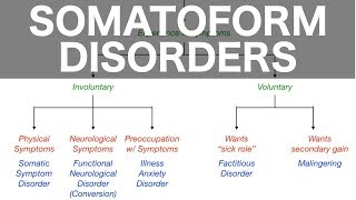 Somatoform Disorders Somatic Symptom Conversion Illness Anxiety Factitious Malingering [upl. by Nannaihr]