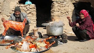 Old Lovers Cooking Whole Goat Pilaf in Cave  How do People life in Cave  Village life Afghanistan [upl. by Niu]