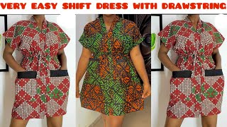 How to cut and sew a simple shift dress with drawstring waistline  Dolman sleeve shift dress [upl. by Manara606]