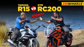 Yamaha R15M v4 vs KTM RC200  Best Beginner Sportbikes  Performance Mileage Features Compared [upl. by Tade]