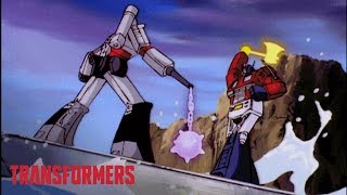 Optimus Prime vs Megatron Top 5 Fights  Series Mashup  Generation 1  Transformers Official [upl. by Hugibert]