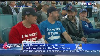 Jimmy Kimmel Matt Damon Continue Feud At World Series Wearing Im With Stupid TShirts [upl. by Thetos]