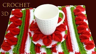 Como tejer a Crochet individuales Navideños Punto 3D pétalos flores Nochebuena tallermanualperu [upl. by Aicertal704]