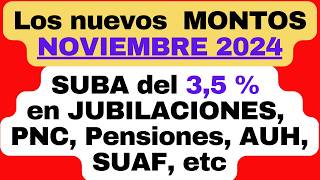 👉 Suba del 35  en NOVIEMBRE 2024 MONTOS a cobrar en JUBILACIONES PNC Pensiones AUH SUAF etc [upl. by Norford]