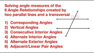 Parallel lines amp a transversal Angle relationships and measures [upl. by Donela]