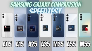 Samsung A05 vs A15 vs A25 vs A35 vs A55 vs M35 vs M55  Speedtest amp Camera Comparison [upl. by Tracy59]