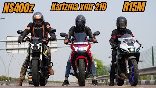 NS400z vs Karizma XMR 210 vs R15M Drag Race [upl. by Rosenberger]