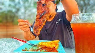 Steak And Homemade Seasoned Wedge Fries Outdoors Mukbang [upl. by Orozco]