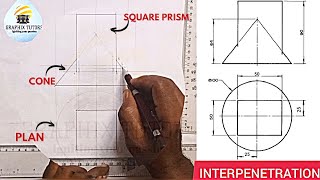 INTERPRETATION INTERPENETRATION OF A SQUARE PRISM PIERCING OR INTERPENETRATING A CONE [upl. by Nizam85]