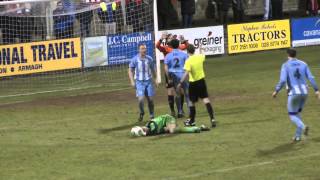 Gary Hamilton kicks Warrenpoint Town FC keeper Hughes 040314 [upl. by Ynattir]