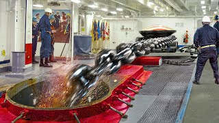 US Navy Dropping Massive Anchor Chain to Stop a Moving Aircraft Carrier [upl. by Ogait]