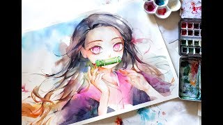 Nezuko Speedpaint  Watercolor Kimetsu no Yaiba [upl. by Rebmeced]