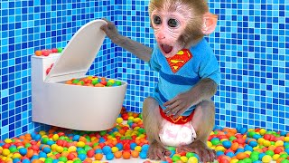 Monkey Baby Bon Bon meets rain of chocolate candy and eats rainbow milk bottle jelly with ducks [upl. by Barnabas70]