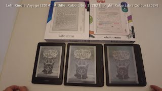 Screen compare of NEW Kobo Libra Colour vs Kobo Libra 2 vs Kindle Voyage in different conditions [upl. by Reid]